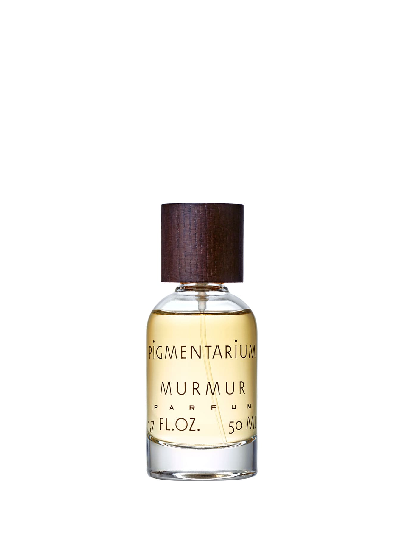Botella de Eau de Parfum Murmur de Pigmentarium. Un perfume envuelto en misterio que, como un susurro, combina las seductoras notas de ámbar gris, oud y sándalo, complementadas con rosa damascena y una carga sensual de almizcle palpitante y civeta.