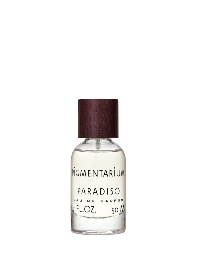 Frasco de Eau de Parfum Paradiso de Pigmentarium. Una fragancia que rememora unas vacaciones en la Cote d'Azur, con notas frescas de pomelo y mandarina