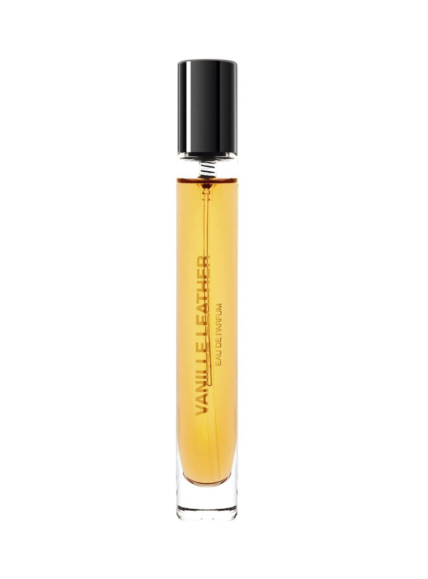 botella de Eau de Parfum Vanille Leather de BDK Parfums, con un diseño de vidrio transparente y detalles dorados